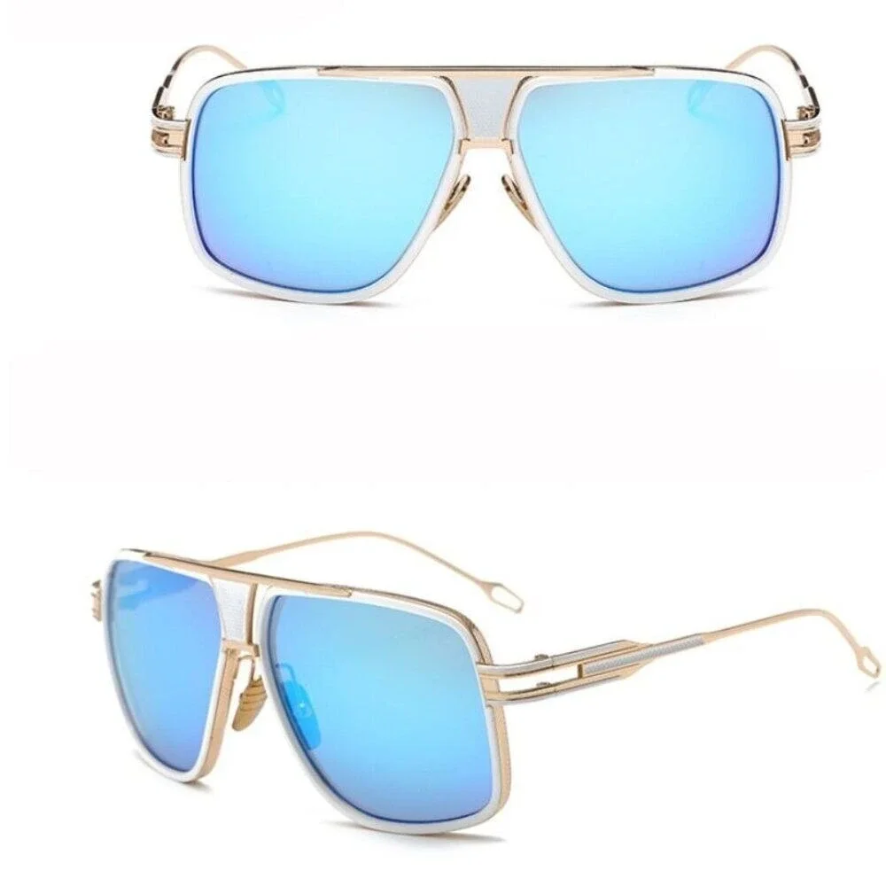Designer Sunglasses Blue Mirror Lens Gold Frame‎ White Women Retro Square Trendy